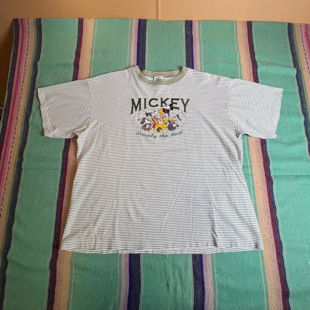 Disney T-Shirt Mens M/L Green White Striped Mickey Mouse Goofy Vintage 90s Retro